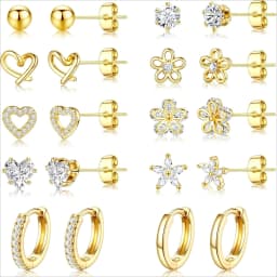 14K Gold Plated CZ Huggie Hoops Hypoallergenic Earrings for Women Girls Daughter Dainty Flower Heart Stud Earrings Jewelry Gift