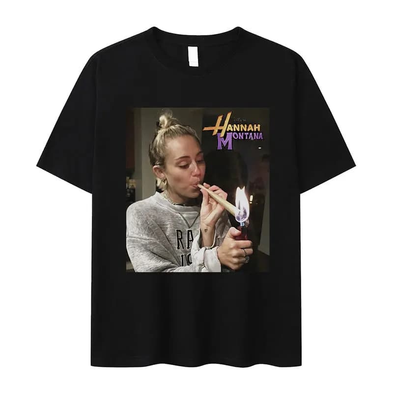 Miley Cyrus Funny Smoking T Shirt Hannah Montana Aesthetic Vintage T-shirt Men Women Summer Oversized Cotton Tshirt Tops Clothes
