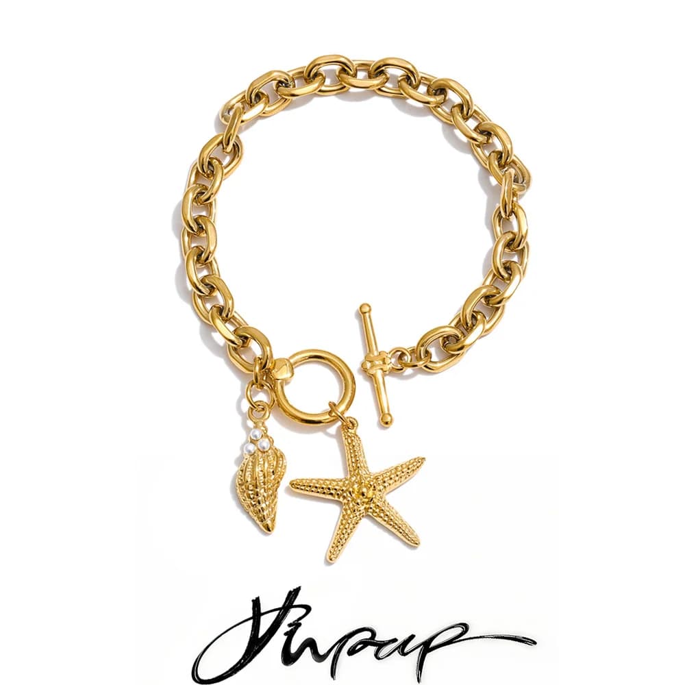 Yhpup Stainless Steel Starfish Conch Drop Charm Bracelet Bangle Toggle-Clasps Chain Ocean Style Summer Arrivals Vacation Jewelry