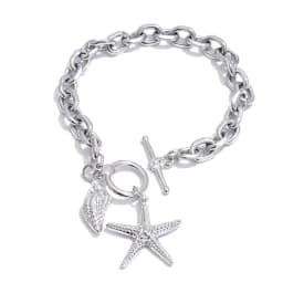 Yhpup Stainless Steel Starfish Conch Drop Charm Bracelet Bangle Toggle-Clasps Chain Ocean Style Summer Arrivals Vacation Jewelry