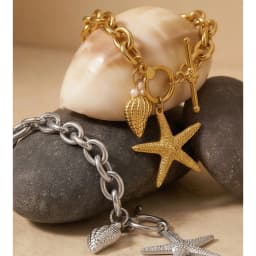 Yhpup Stainless Steel Starfish Conch Drop Charm Bracelet Bangle Toggle-Clasps Chain Ocean Style Summer Arrivals Vacation Jewelry