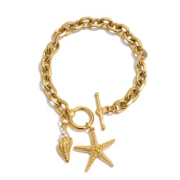 Yhpup Stainless Steel Starfish Conch Drop Charm Bracelet Bangle Toggle-Clasps Chain Ocean Style Summer Arrivals Vacation Jewelry