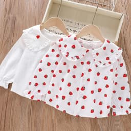 Girls' Strawberry Print Blouse, Ruffle Peter Pan Collar Cotton Shirt for Spring and Autumn