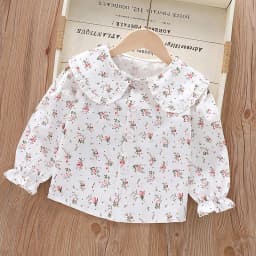 Girls' Strawberry Print Blouse, Ruffle Peter Pan Collar Cotton Shirt for Spring and Autumn