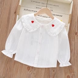 Girls' Strawberry Print Blouse, Ruffle Peter Pan Collar Cotton Shirt for Spring and Autumn