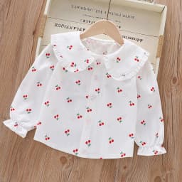 Girls' Strawberry Print Blouse, Ruffle Peter Pan Collar Cotton Shirt for Spring and Autumn