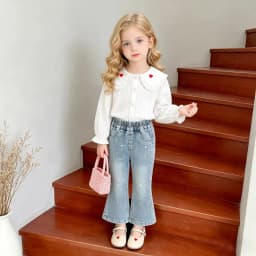 Girls' Strawberry Print Blouse, Ruffle Peter Pan Collar Cotton Shirt for Spring and Autumn