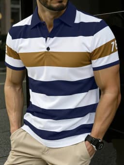 2026 Summer Men's Polo Shirt with Stripes Print Breathable Lightweight Comfortable Fashionable and Versatile