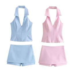 Women's Summer Two Tone Sports Casual Set, Halter Backless Top with Matching Short Skort, Perfect for Outdoor Activities