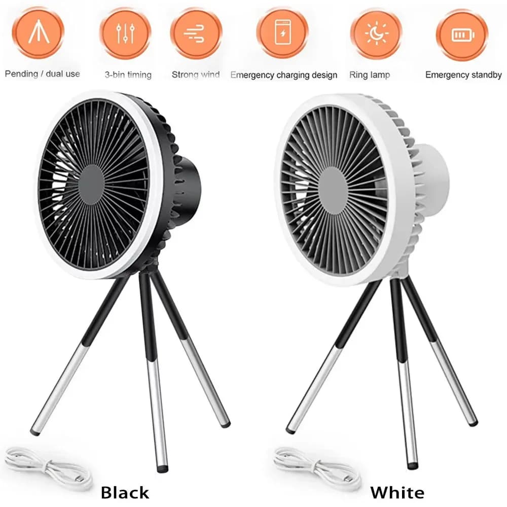 Portable LED Light Tripod Stand Desktop Fan Camping Fan USB Rechargeable Multi-functional Fan In/Outdoor Camping Ceiling Fan