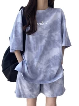 New in Summer Women's Tie Dye Workmanship Sportswear Set Short Sleeve Loose Wide Leg Shorts Casual Outfit Simple Two Piece Set