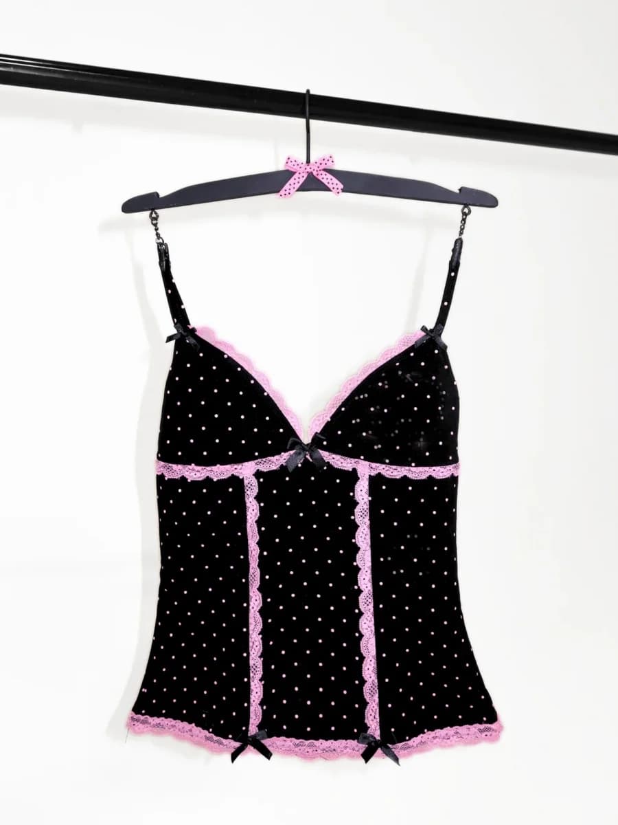 Women Y2k Fairycore Skirt Sets Dot Print Lace Trim Spaghetti Strap Sleeveless Cami Tops Mini Skirts 2 Pieces Outfits Clothes