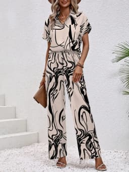Women's 2026 Fashionable Printed Short Sleeve Shirt And Elastic Waist Wide Leg Pants Suit Set Casual Daily Commuting Spring Wear