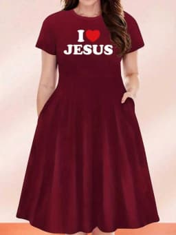 2026 Casual Versatile 'I Love Jesus' Printed Black Plus Size Round Neck Short Sleeved Dress, Suitable for Daily Travel