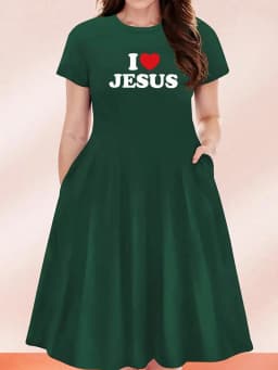 2026 Casual Versatile 'I Love Jesus' Printed Black Plus Size Round Neck Short Sleeved Dress, Suitable for Daily Travel