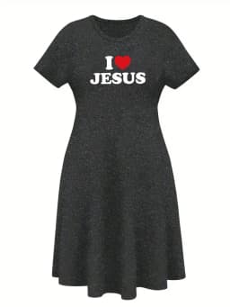 2026 Casual Versatile 'I Love Jesus' Printed Black Plus Size Round Neck Short Sleeved Dress, Suitable for Daily Travel