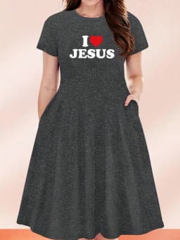 2026 Casual Versatile 'I Love Jesus' Printed Black Plus Size Round Neck Short Sleeved Dress, Suitable for Daily Travel