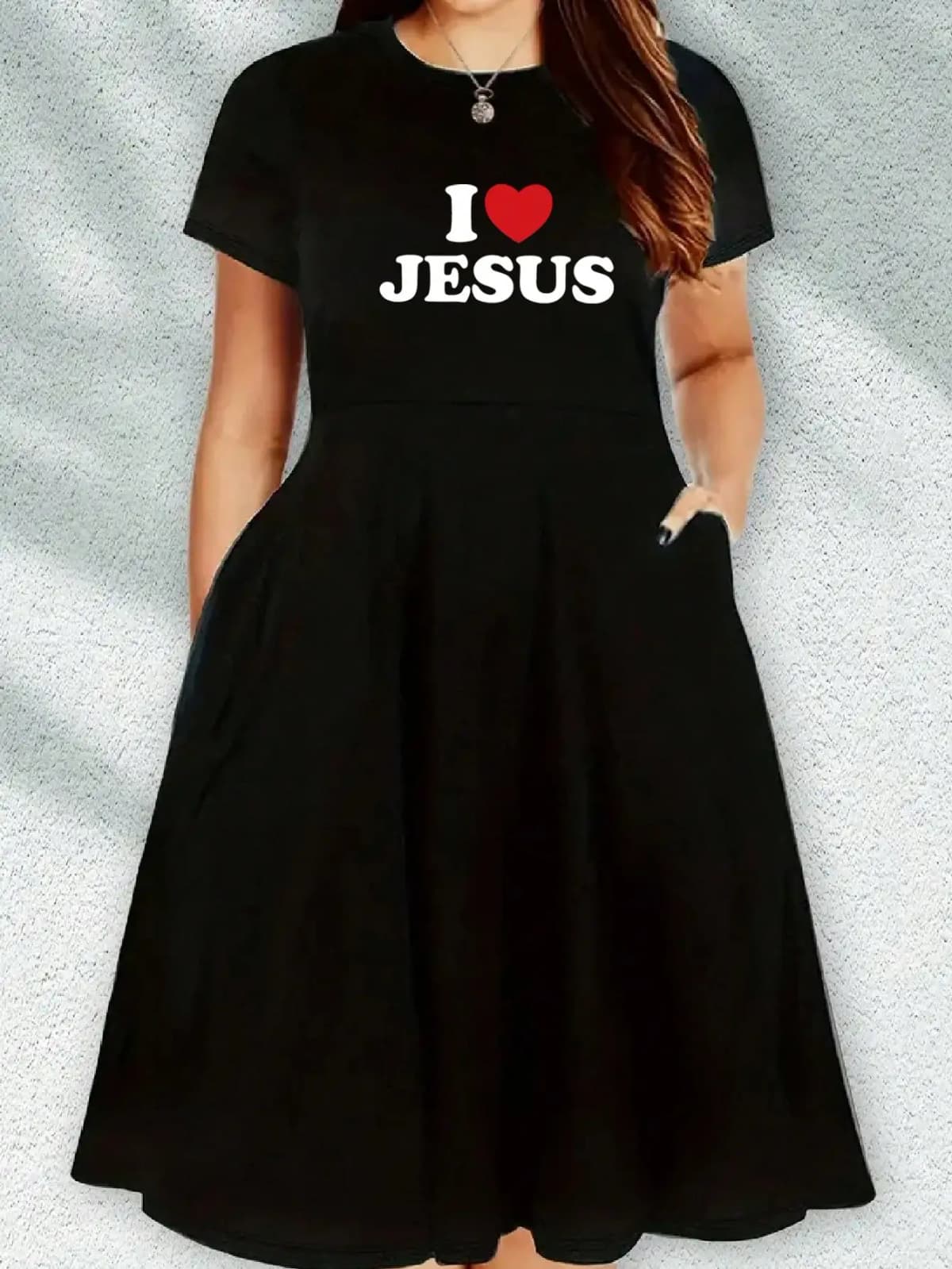 2026 Casual Versatile 'I Love Jesus' Printed Black Plus Size Round Neck Short Sleeved Dress, Suitable for Daily Travel