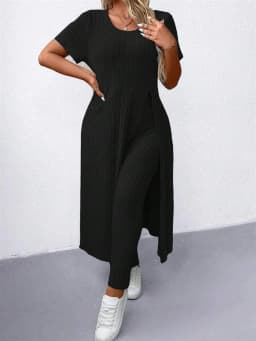 European American Fashion Casual Long Skirt Pants Set Short-Sleeved Slit Design for Spring Autumn Seasons Hot Selling