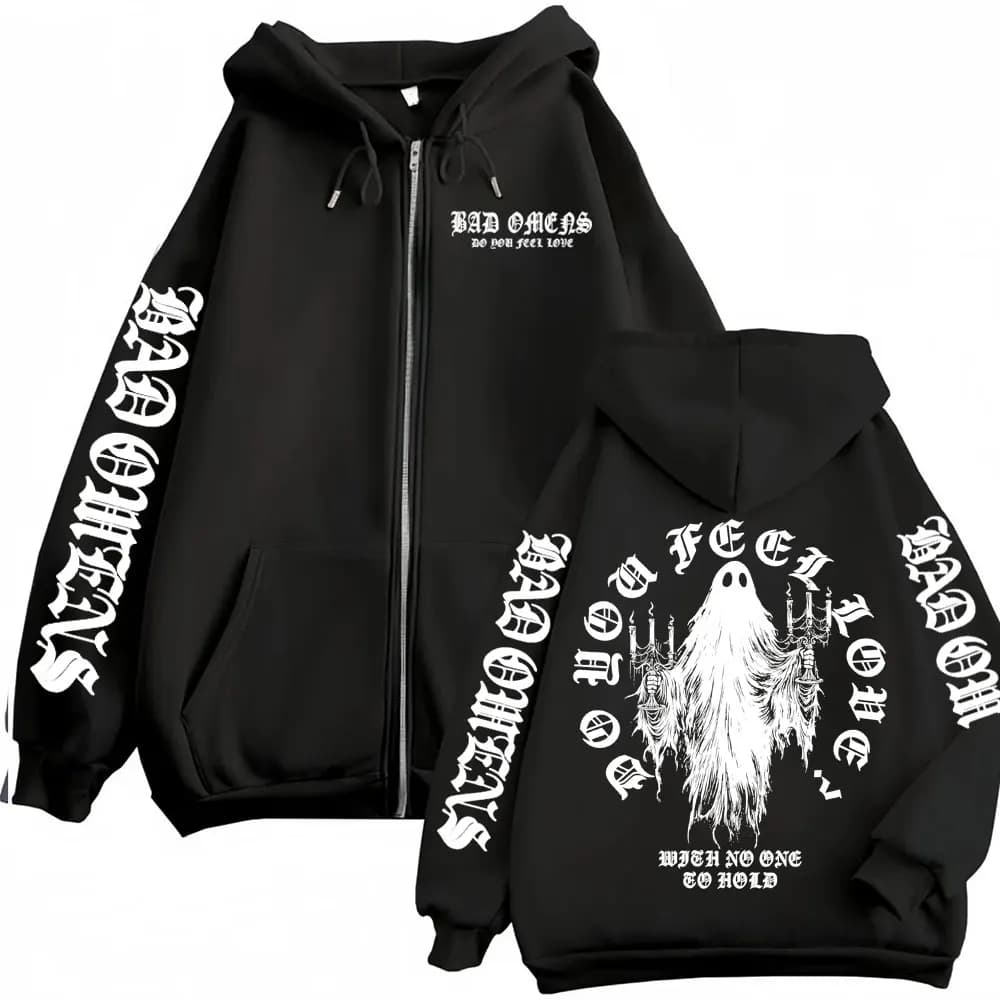 Bad Omens Do You Feel Love Ghost Zipper Hoodies Men Women Gothic Casual Zip Up Hooded High Quality Fleece Sweatshirt Jacket Coat