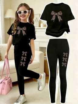 Leopard Print Bow Pattern Printed Set for Girls, Casual Short-Sleeve Top + Leggings 2-Piece Set, Comfortable Elastic Waist Pants Suitable for Girls Aged 4-12, for Going Out, Home, School, Spring and Summer Daily Wear