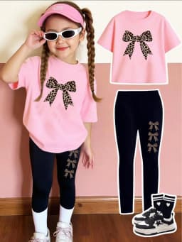 Leopard Print Bow Pattern Printed Set for Girls, Casual Short-Sleeve Top + Leggings 2-Piece Set, Comfortable Elastic Waist Pants Suitable for Girls Aged 4-12, for Going Out, Home, School, Spring and Summer Daily Wear
