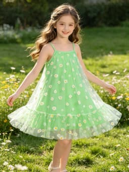 2026 Girls' Leisure New Spring and Summer Sunflower Printed Bow Decoration Strap Loose Comfortable Dress Small Skirt
