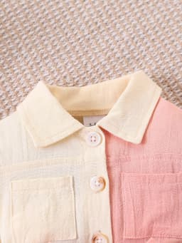 Baby Girl Color-Blocked Long-Sleeved Jumpsuit with Lapel and Button Closure, Waist Bow Tie, Patch Pocket Design, Soft Fabric, Cute One-Piece Outfit for Spring and Autumn