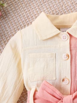 Baby Girl Color-Blocked Long-Sleeved Jumpsuit with Lapel and Button Closure, Waist Bow Tie, Patch Pocket Design, Soft Fabric, Cute One-Piece Outfit for Spring and Autumn