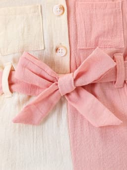 Baby Girl Color-Blocked Long-Sleeved Jumpsuit with Lapel and Button Closure, Waist Bow Tie, Patch Pocket Design, Soft Fabric, Cute One-Piece Outfit for Spring and Autumn