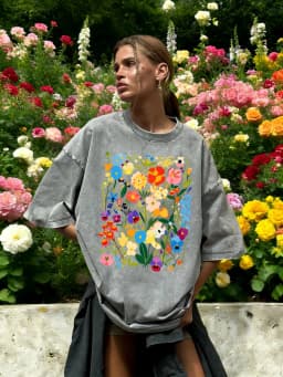 Bohemian Colorful Flowers Print Washed T-Shirt Women Cotton Summer Short Sleeves Loose Breathable T Shirts Y2K Soft Streetwear