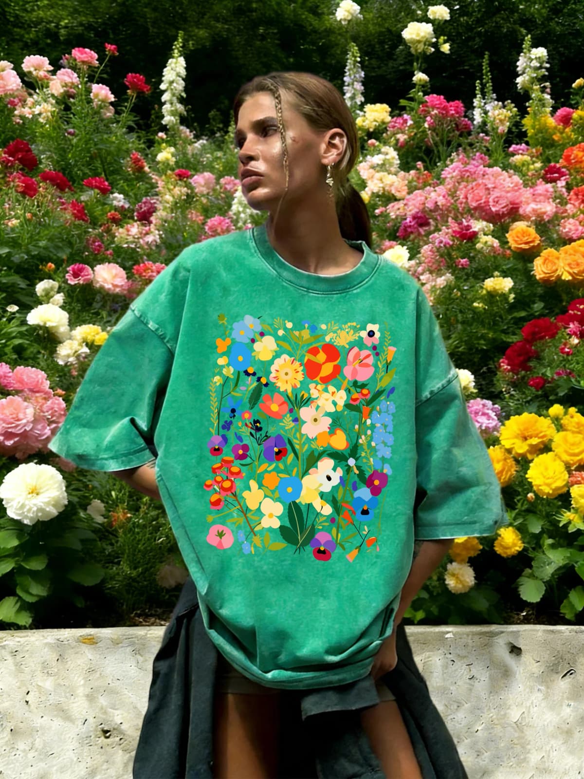 Bohemian Colorful Flowers Print Washed T-Shirt Women Cotton Summer Short Sleeves Loose Breathable T Shirts Y2K Soft Streetwear