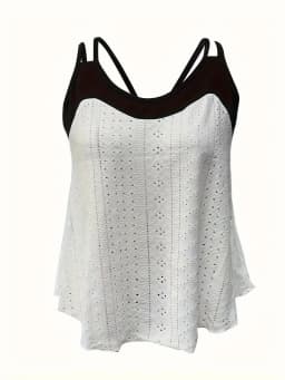Plus Size Women's Color Block Eyelet Cami Top Spaghetti Strap V Neck Ruffle Hem Casual Tank Top