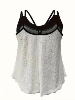 Plus Size Women's Color Block Eyelet Cami Top Spaghetti Strap V Neck Ruffle Hem Casual Tank Top