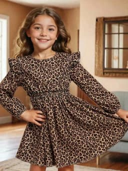 Elegant Four Season Leopard Print Long-Sleeved Ruffle Edge Dress for Girls, Slim Knit Fabric with Flared Ruffle Edge Details