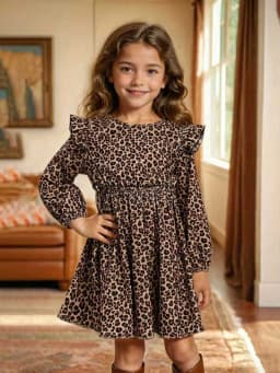 Elegant Four Season Leopard Print Long-Sleeved Ruffle Edge Dress for Girls, Slim Knit Fabric with Flared Ruffle Edge Details
