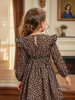 Elegant Four Season Leopard Print Long-Sleeved Ruffle Edge Dress for Girls, Slim Knit Fabric with Flared Ruffle Edge Details