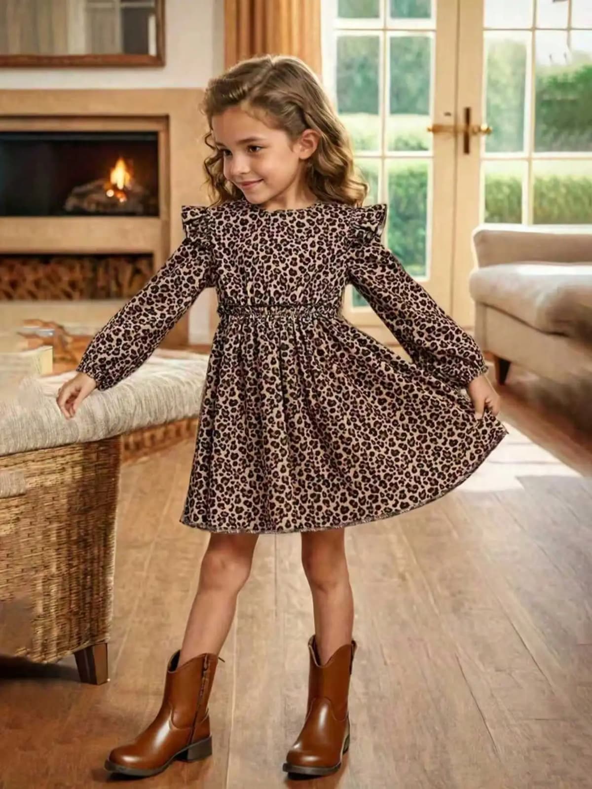 Elegant Four Season Leopard Print Long-Sleeved Ruffle Edge Dress for Girls, Slim Knit Fabric with Flared Ruffle Edge Details