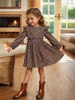 Elegant Four Season Leopard Print Long-Sleeved Ruffle Edge Dress for Girls, Slim Knit Fabric with Flared Ruffle Edge Details