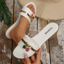 Women's Shoes New Fashion Slippers with Cherry Buckle, Versatile Solid Color Metal Decoration, Round-Toe Flat Sandals
