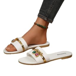 Women's Shoes New Fashion Slippers with Cherry Buckle, Versatile Solid Color Metal Decoration, Round-Toe Flat Sandals