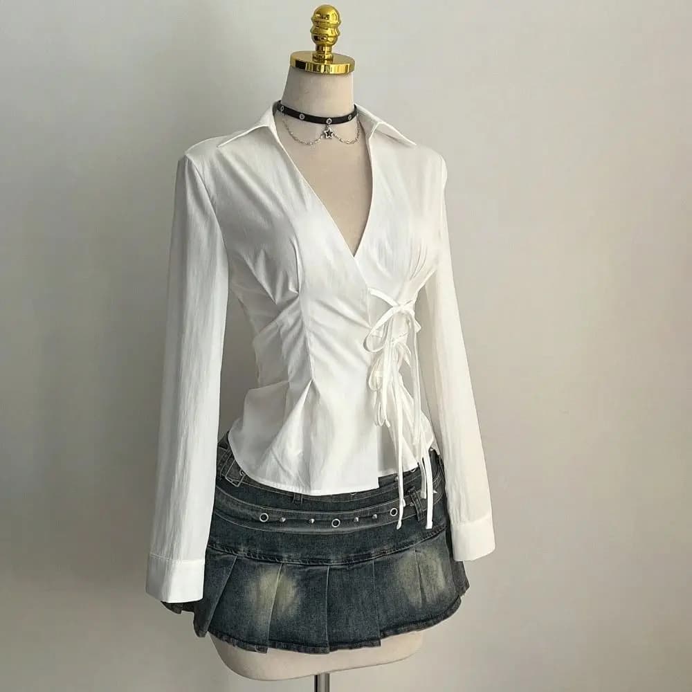 Trendy Slim Fit Women Long Sleeve Shirt Sexy Cinched Waist V-Neck Tops Casual Chic Blouses for women Gothic Street Style