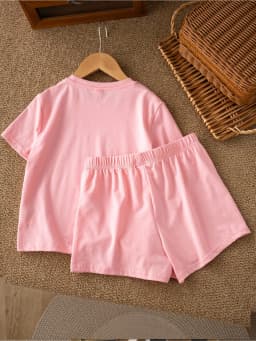 2026 Casual Children's Clothing Solid Color Printed Round Neck Short Sleeved Top + Solid Color Printed Wide Leg Shorts Pants Set