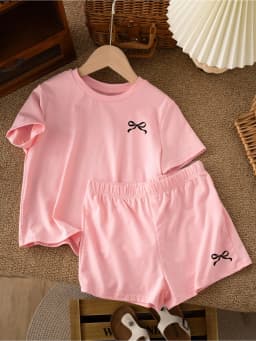 2026 Casual Children's Clothing Solid Color Printed Round Neck Short Sleeved Top + Solid Color Printed Wide Leg Shorts Pants Set