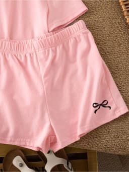 2026 Casual Children's Clothing Solid Color Printed Round Neck Short Sleeved Top + Solid Color Printed Wide Leg Shorts Pants Set