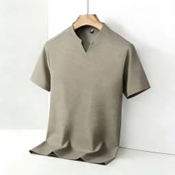 Men's Orange V-notch Stand Collar Short Sleeve T-shirt Casual Business Slim Fit Top for Office Commute