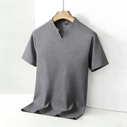 Men's Orange V-notch Stand Collar Short Sleeve T-shirt Casual Business Slim Fit Top for Office Commute
