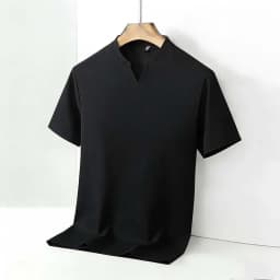 Men's Orange V-notch Stand Collar Short Sleeve T-shirt Casual Business Slim Fit Top for Office Commute