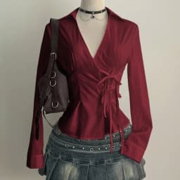 Sweet Long-sleeved Slim Fit Shirt V-neck Y2K Office Aesthetic Blouse Harajuku Waist Up Cardigan Top Lady