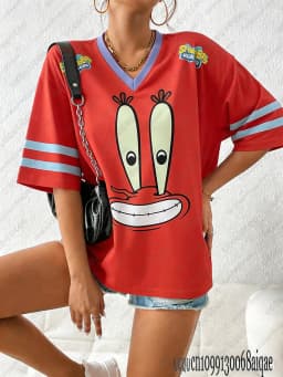 Cartoon SpongeBob Print T-shirts For Women Summer V-Neck Patchwork Short Sleeve Sports Football Jersey Y2K Loose Oversized Tops